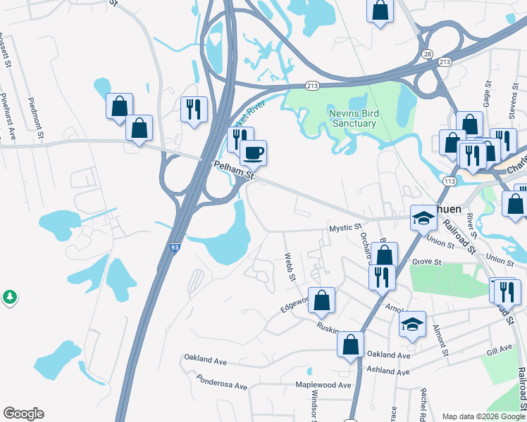 map of restaurants, bars, coffee shops, grocery stores, and more near 65 Mystic Street in Methuen