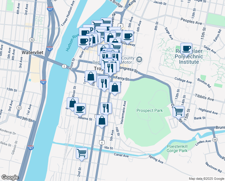 map of restaurants, bars, coffee shops, grocery stores, and more near 80 Division Street in Troy