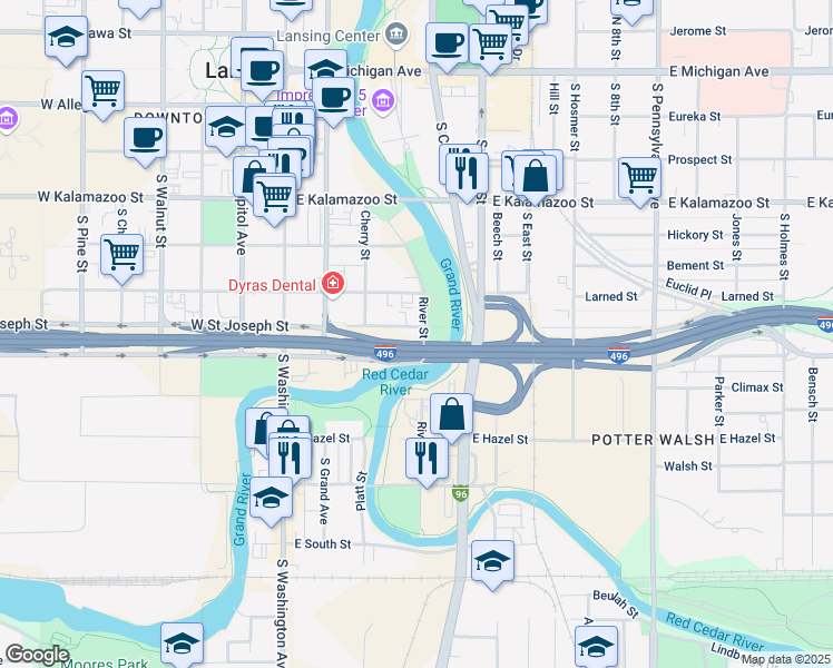 map of restaurants, bars, coffee shops, grocery stores, and more near 342 East Saint Joseph Street in Lansing
