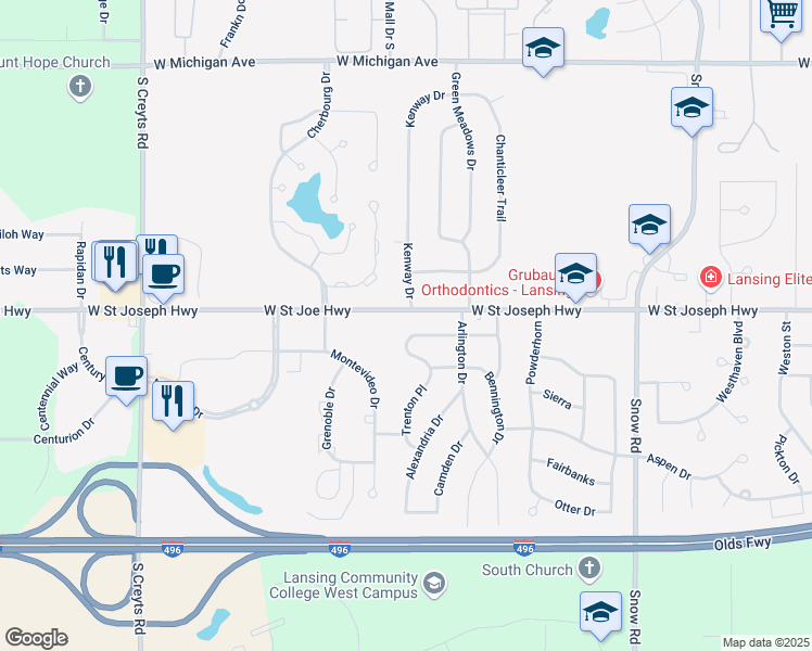 map of restaurants, bars, coffee shops, grocery stores, and more near 5628 Pembrook Place in Lansing
