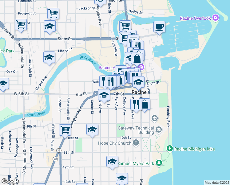 map of restaurants, bars, coffee shops, grocery stores, and more near 730 Wisconsin Avenue in Racine