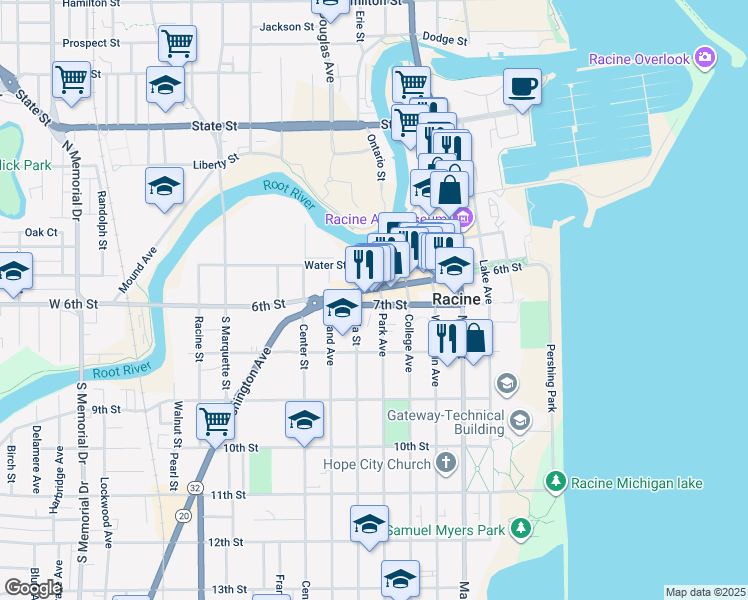 map of restaurants, bars, coffee shops, grocery stores, and more near 730 Wisconsin Avenue in Racine