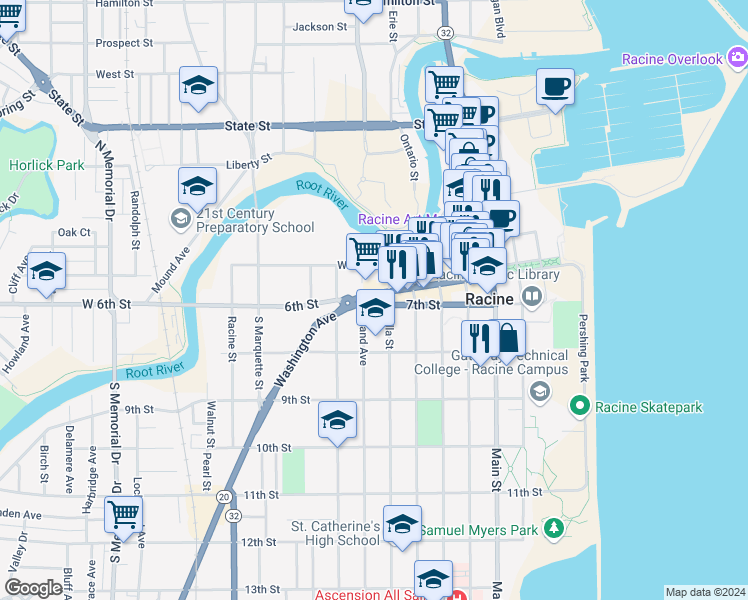 map of restaurants, bars, coffee shops, grocery stores, and more near 602 7th Street in Racine