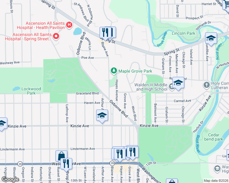 map of restaurants, bars, coffee shops, grocery stores, and more near 601 Hayes Avenue in Racine