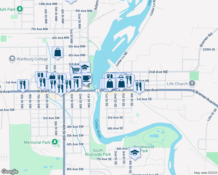 map of restaurants, bars, coffee shops, grocery stores, and more near 105 East Bremer Avenue in Waverly