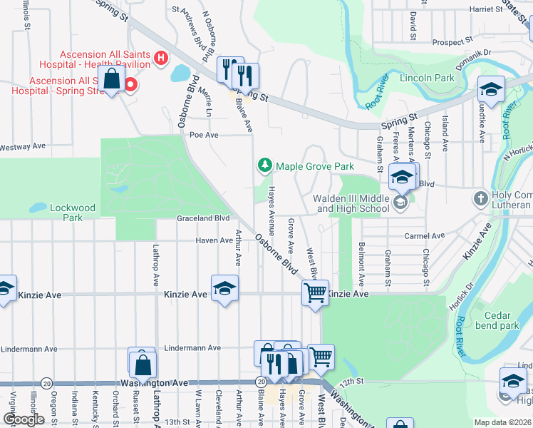 map of restaurants, bars, coffee shops, grocery stores, and more near 601 Hayes Avenue in Racine