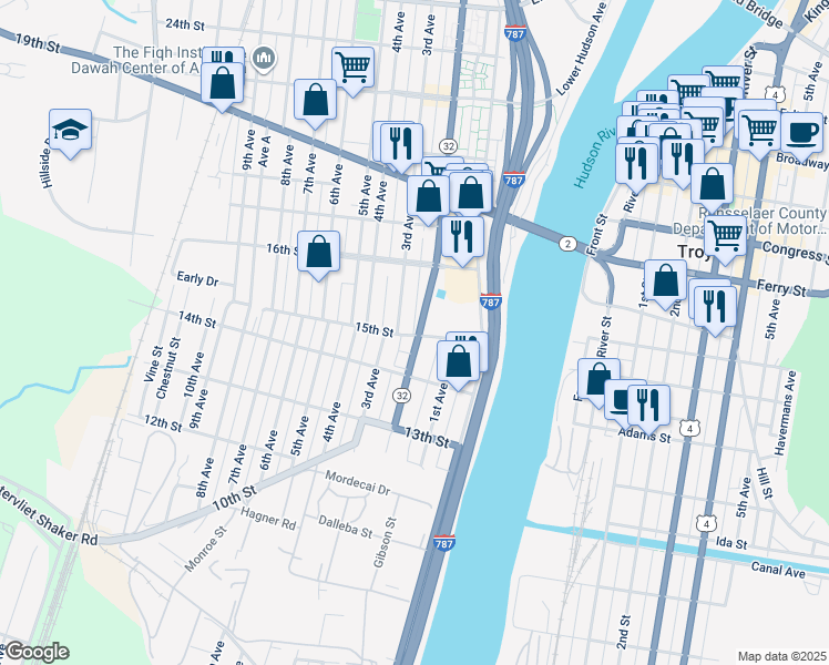 map of restaurants, bars, coffee shops, grocery stores, and more near 1501 2nd Avenue in Watervliet