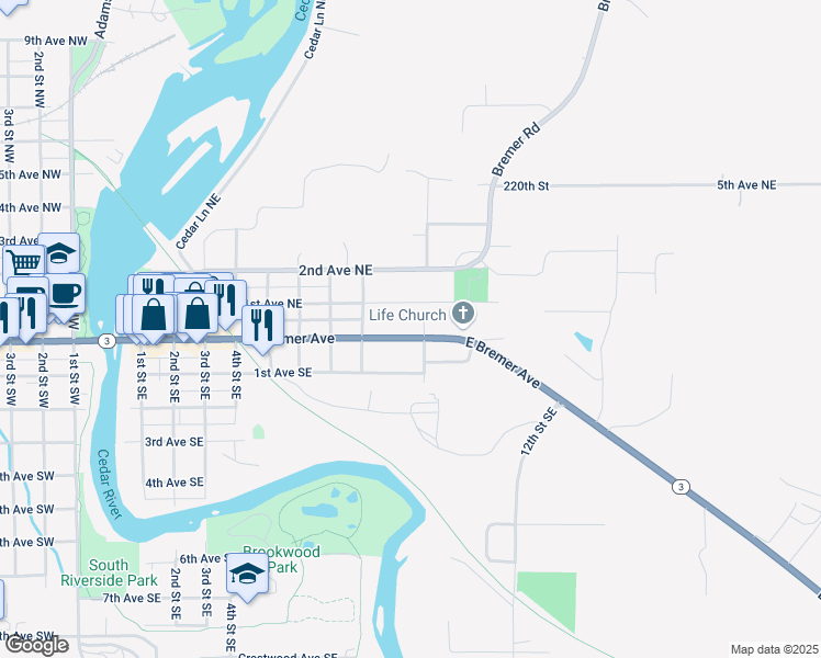 map of restaurants, bars, coffee shops, grocery stores, and more near 911 East Bremer Avenue in Waverly