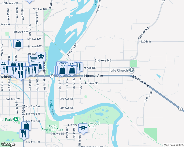 map of restaurants, bars, coffee shops, grocery stores, and more near 515 East Bremer Avenue in Waverly