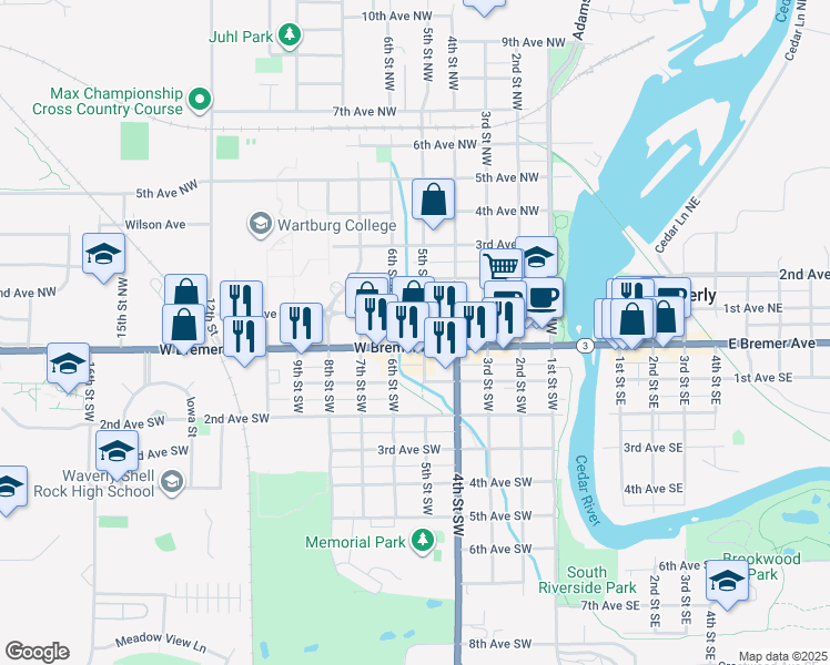 map of restaurants, bars, coffee shops, grocery stores, and more near 520 W Bremer Ave in Waverly