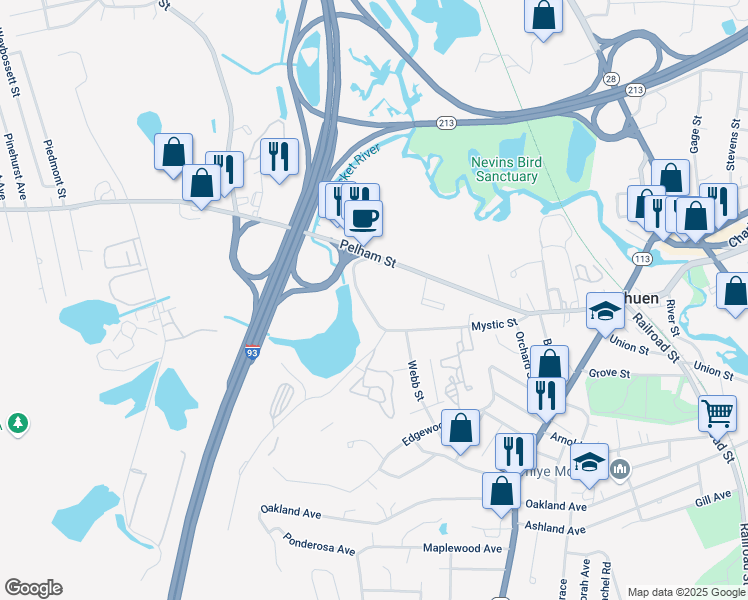 map of restaurants, bars, coffee shops, grocery stores, and more near 65 Mystic Street in Methuen