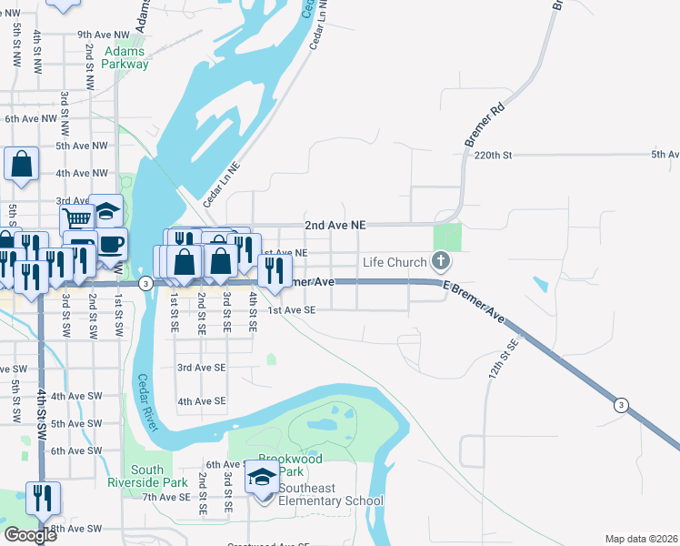 map of restaurants, bars, coffee shops, grocery stores, and more near 707 East Bremer Avenue in Waverly