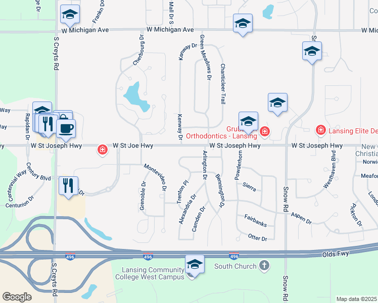 map of restaurants, bars, coffee shops, grocery stores, and more near 5628 Pembrook Place in Lansing