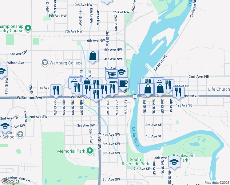 map of restaurants, bars, coffee shops, grocery stores, and more near 200 West Bremer Avenue in Waverly