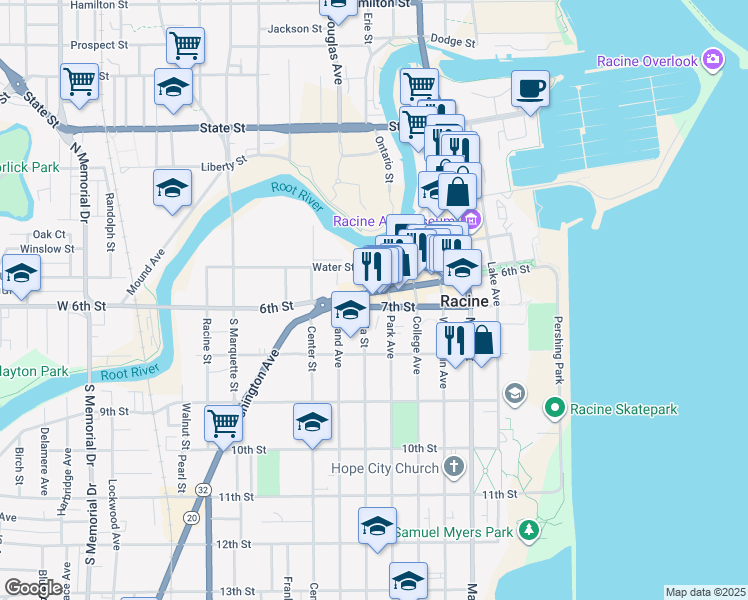 map of restaurants, bars, coffee shops, grocery stores, and more near 515 6th Street in Racine