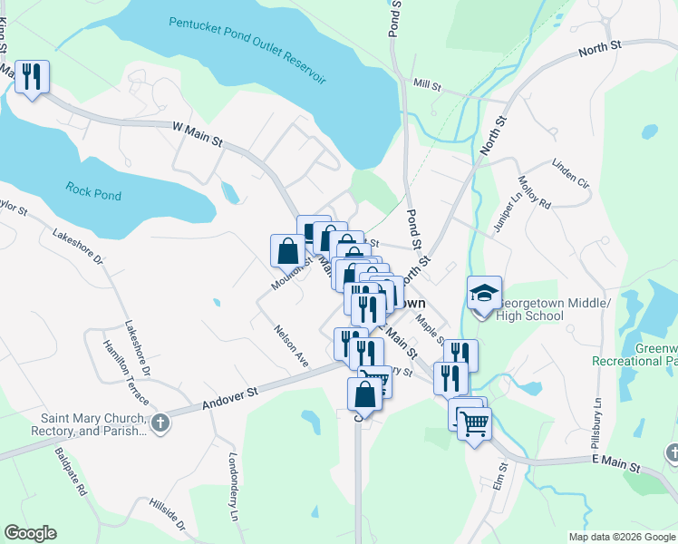 map of restaurants, bars, coffee shops, grocery stores, and more near 55 West Main Street in Georgetown