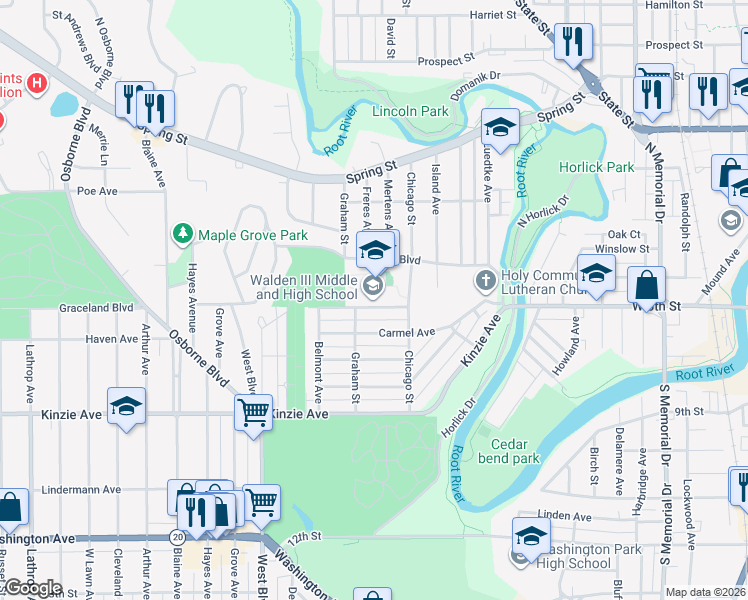 map of restaurants, bars, coffee shops, grocery stores, and more near 2340 Mohr Avenue in Racine