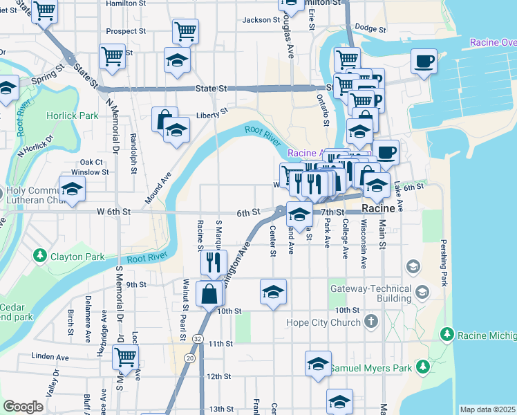 map of restaurants, bars, coffee shops, grocery stores, and more near 601-699 Stannard Street in Racine