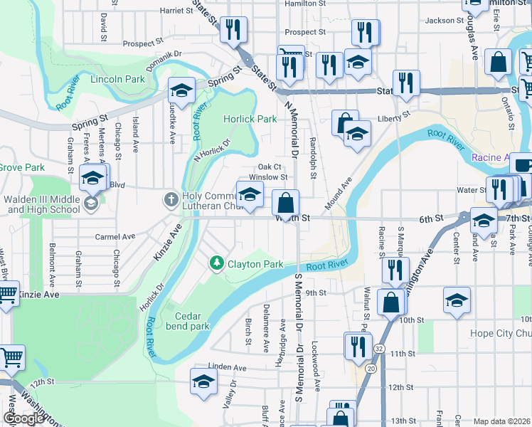 map of restaurants, bars, coffee shops, grocery stores, and more near 1604 West 6th Street in Racine