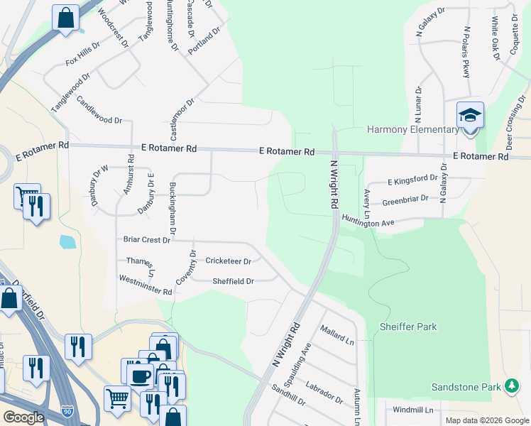 map of restaurants, bars, coffee shops, grocery stores, and more near 3816 Huntington Court in Janesville