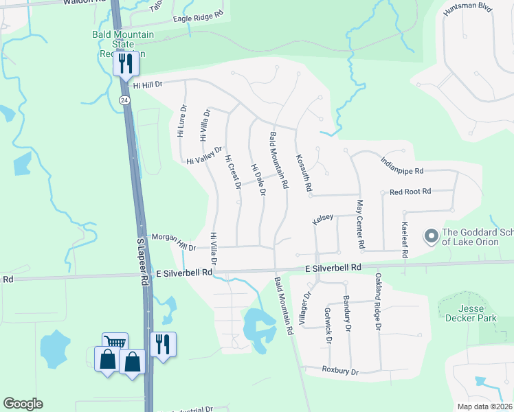 map of restaurants, bars, coffee shops, grocery stores, and more near 3839 Hi Crest Drive in Orion charter Township