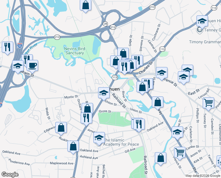 map of restaurants, bars, coffee shops, grocery stores, and more near in Methuen