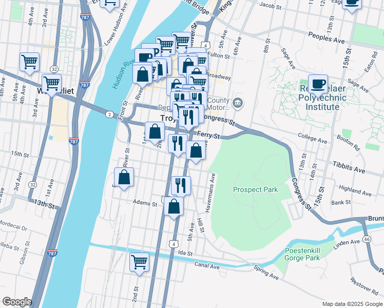 map of restaurants, bars, coffee shops, grocery stores, and more near 80 Division Street in Troy