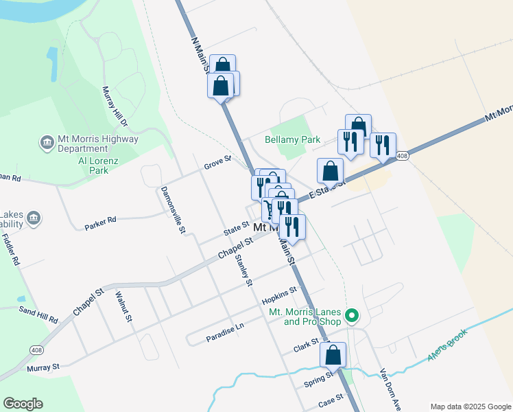 map of restaurants, bars, coffee shops, grocery stores, and more near 12 East State Street in Mount Morris
