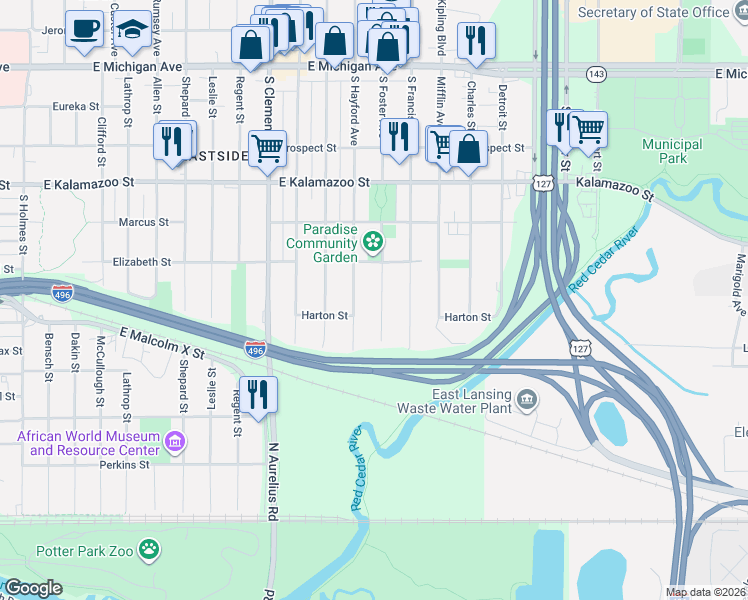 map of restaurants, bars, coffee shops, grocery stores, and more near 645 South Foster Avenue in Lansing