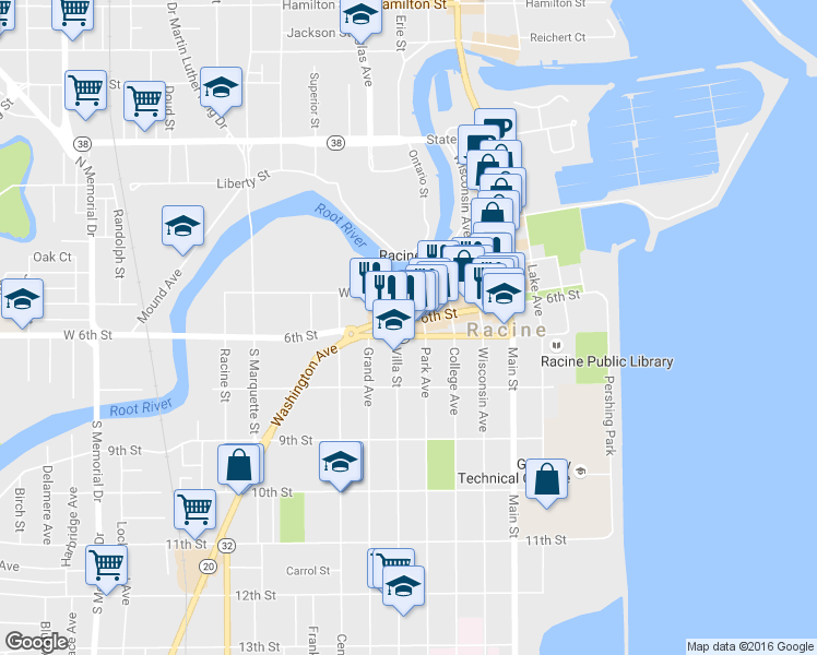 map of restaurants, bars, coffee shops, grocery stores, and more near 730 Wisconsin Avenue in Racine