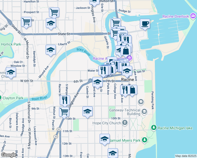 map of restaurants, bars, coffee shops, grocery stores, and more near 602 7th Street in Racine