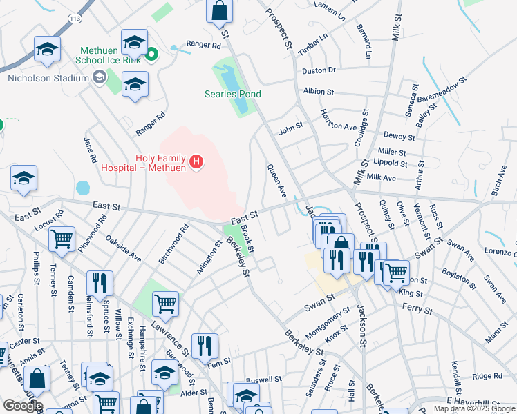 map of restaurants, bars, coffee shops, grocery stores, and more near 2 Agnes Terrace in Methuen