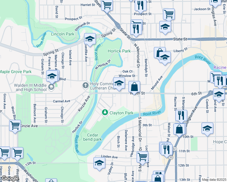 map of restaurants, bars, coffee shops, grocery stores, and more near 1732 West 6th Street in Racine