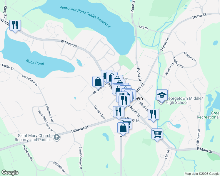 map of restaurants, bars, coffee shops, grocery stores, and more near 55 West Main Street in Georgetown
