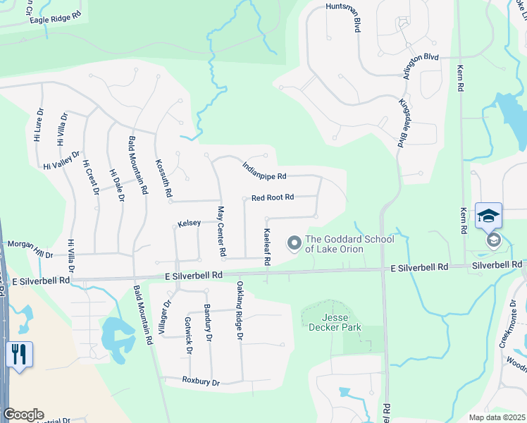 map of restaurants, bars, coffee shops, grocery stores, and more near 3904 Kaeleaf Road in Orion charter Township