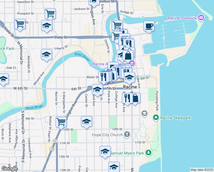 map of restaurants, bars, coffee shops, grocery stores, and more near 730 Wisconsin Avenue in Racine
