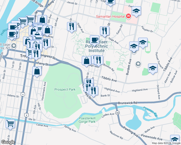 map of restaurants, bars, coffee shops, grocery stores, and more near 75 14th Street in Troy