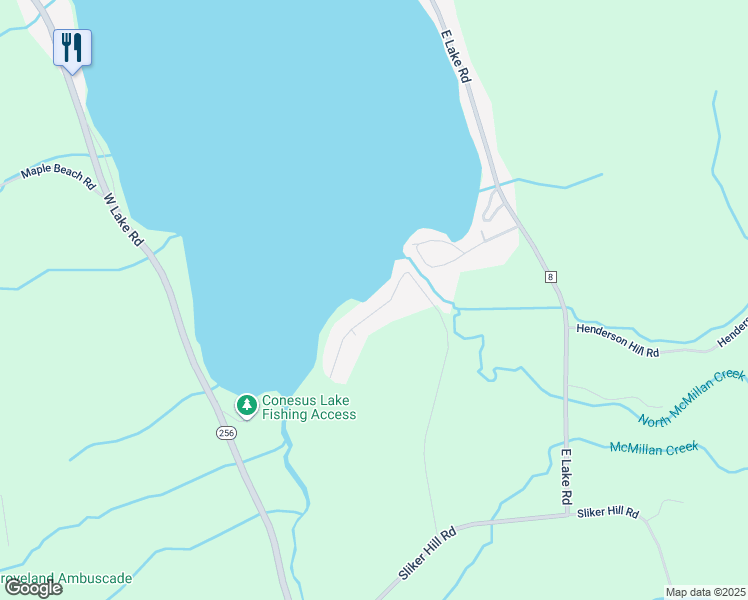 map of restaurants, bars, coffee shops, grocery stores, and more near 5715 Dacola Shores Road in Conesus Lake