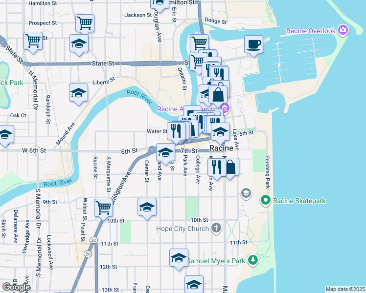 map of restaurants, bars, coffee shops, grocery stores, and more near 501 6th Street in Racine