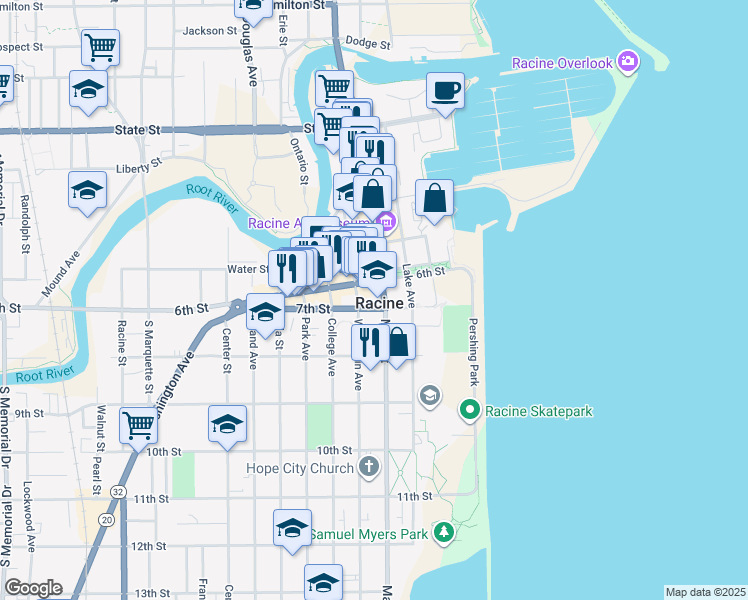 map of restaurants, bars, coffee shops, grocery stores, and more near 614 Main Street in Racine