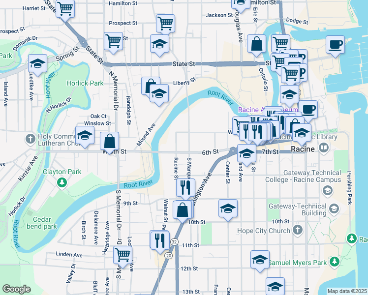 map of restaurants, bars, coffee shops, grocery stores, and more near 1100 6th Street in Racine