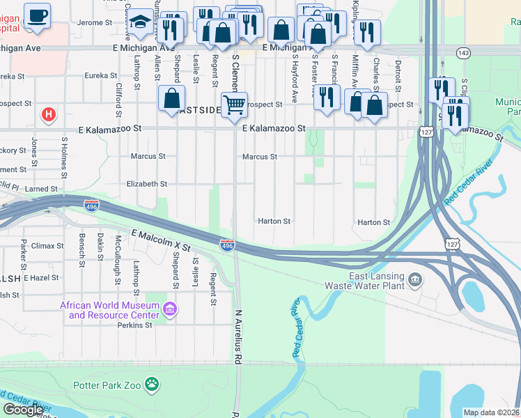 map of restaurants, bars, coffee shops, grocery stores, and more near 642 South Magnolia Avenue in Lansing