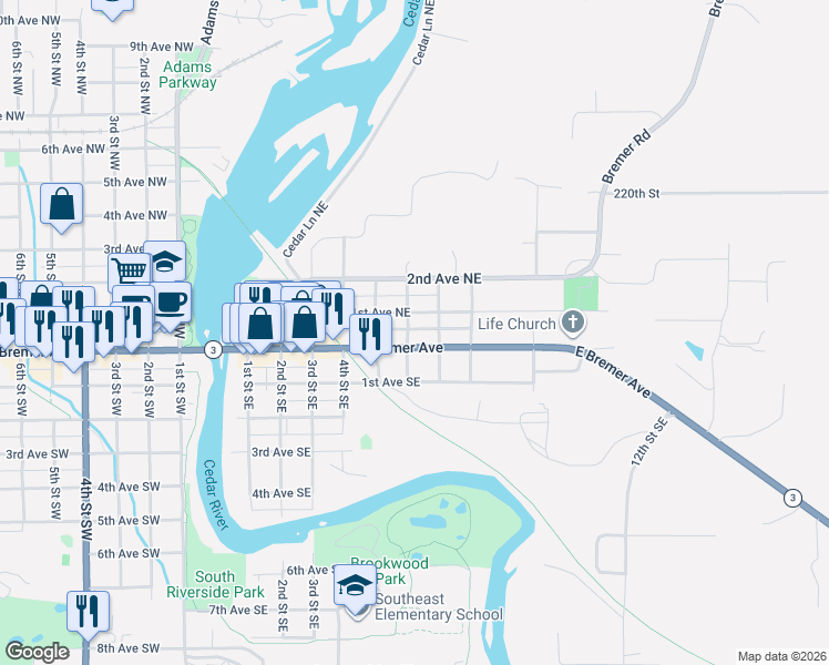 map of restaurants, bars, coffee shops, grocery stores, and more near 116 6th St NE in Waverly