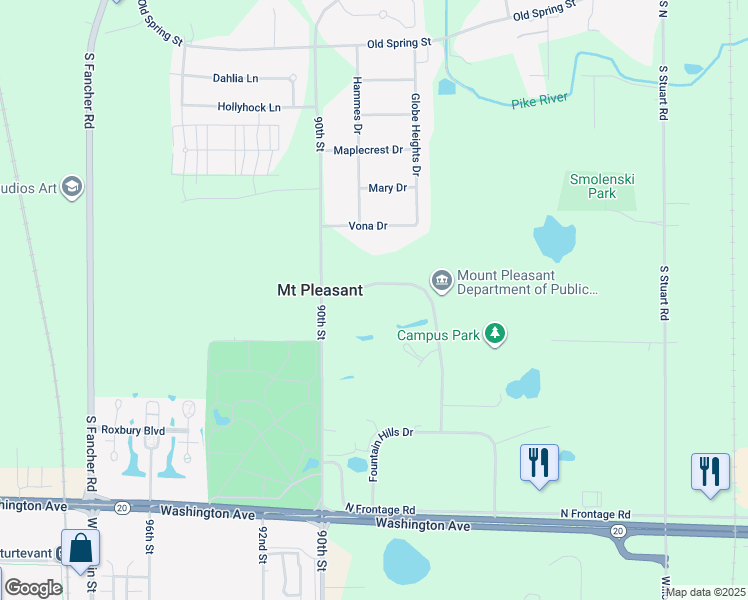 map of restaurants, bars, coffee shops, grocery stores, and more near 8811 Campus Drive in Mount Pleasant