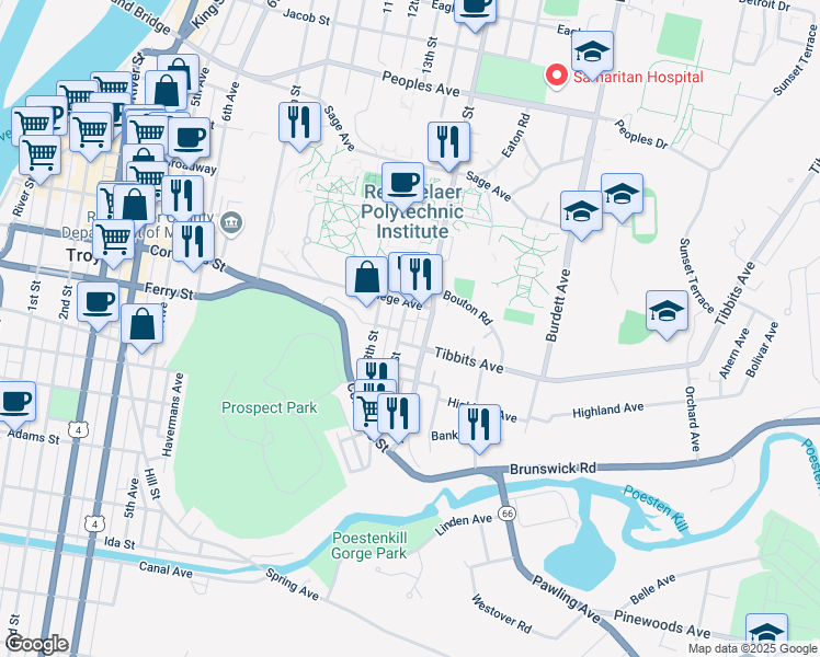 map of restaurants, bars, coffee shops, grocery stores, and more near 1503 15th Street in Troy