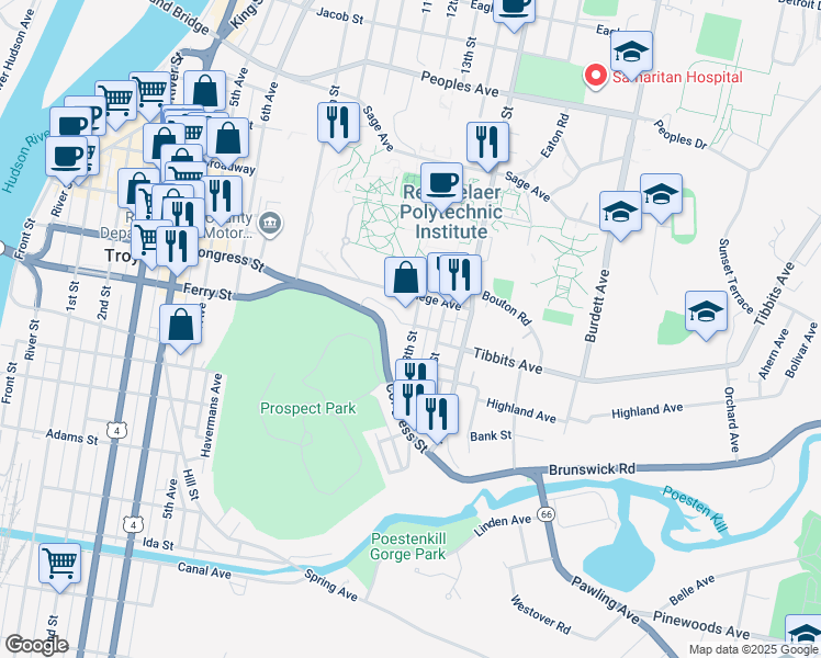map of restaurants, bars, coffee shops, grocery stores, and more near 75 14th Street in Troy