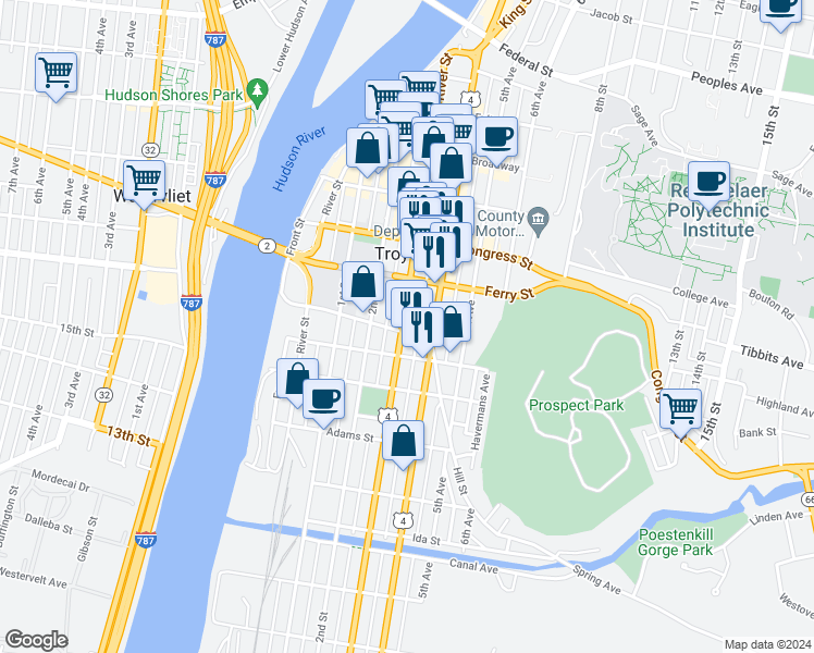 map of restaurants, bars, coffee shops, grocery stores, and more near 80 Division Street in Troy
