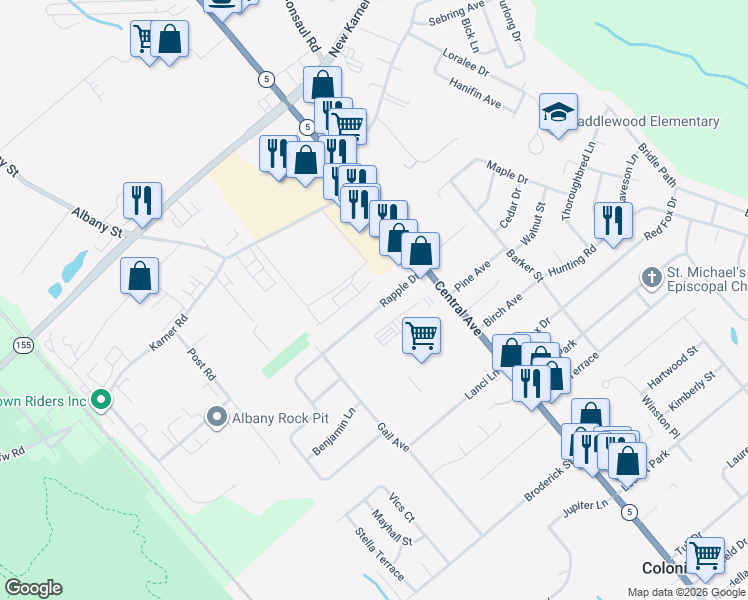 map of restaurants, bars, coffee shops, grocery stores, and more near 20 Rapple Drive in Colonie