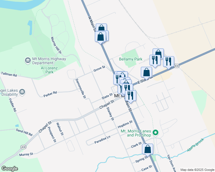 map of restaurants, bars, coffee shops, grocery stores, and more near 31 Stanley Street in Mount Morris