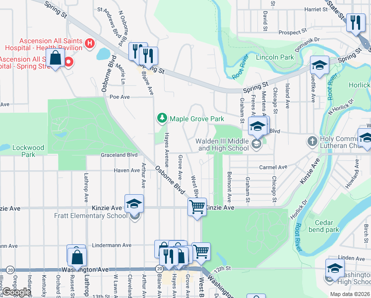 map of restaurants, bars, coffee shops, grocery stores, and more near 602 West Boulevard in Racine
